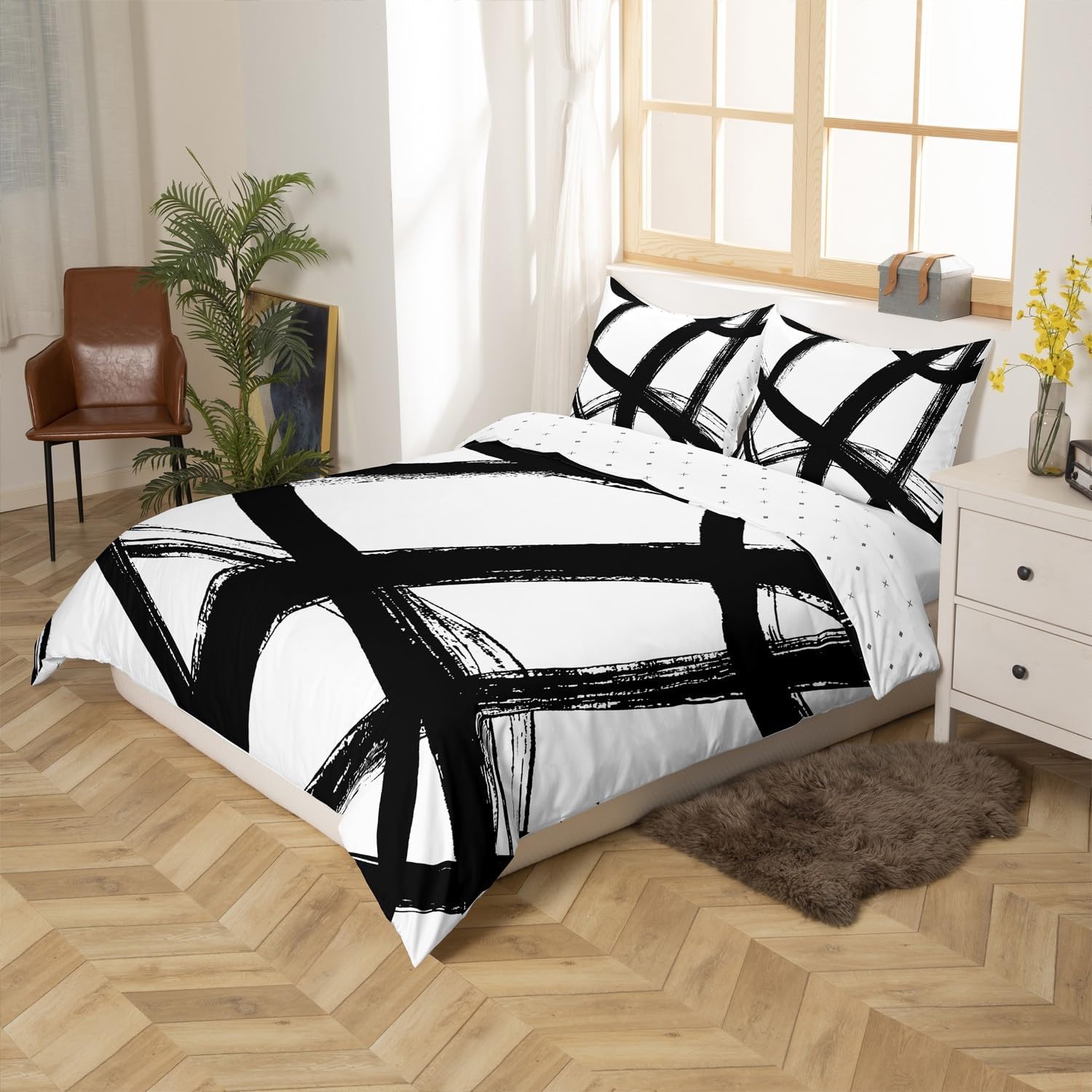 Erosebridal Black and White Comforter Cover Toddler,Abstarct Striped Geometric Duvet Cover,Modern Contemporary Bed Set,Neutral Aesthetics Room Decor with 1 Pillow Case