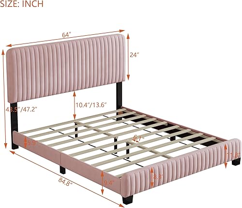Miniatura 37 de Elegante cama con plataforma tapizada de terciopelo de tamaño Queen con cabecero, para niños, niñas y adolescentes (beige @cabecero/, Queen)