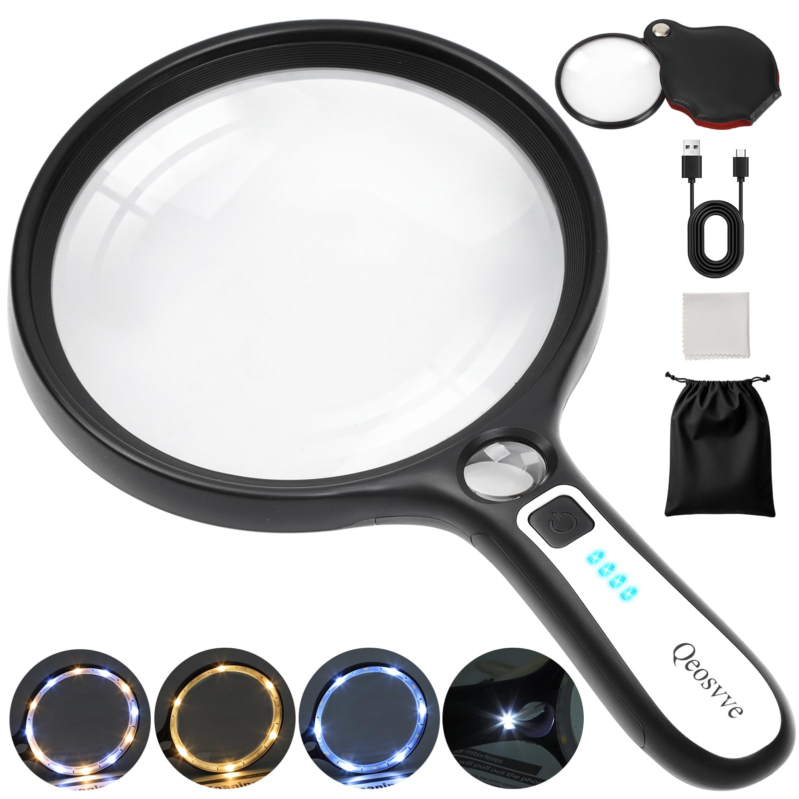 5 Inch Large Magnifying Glass with Light, 10X 30X Rechargeable Lighted Handheld Magnifier with 20X Pocket Magnifying Glass for Low Vision Seniors Reading Small Prints Close Work