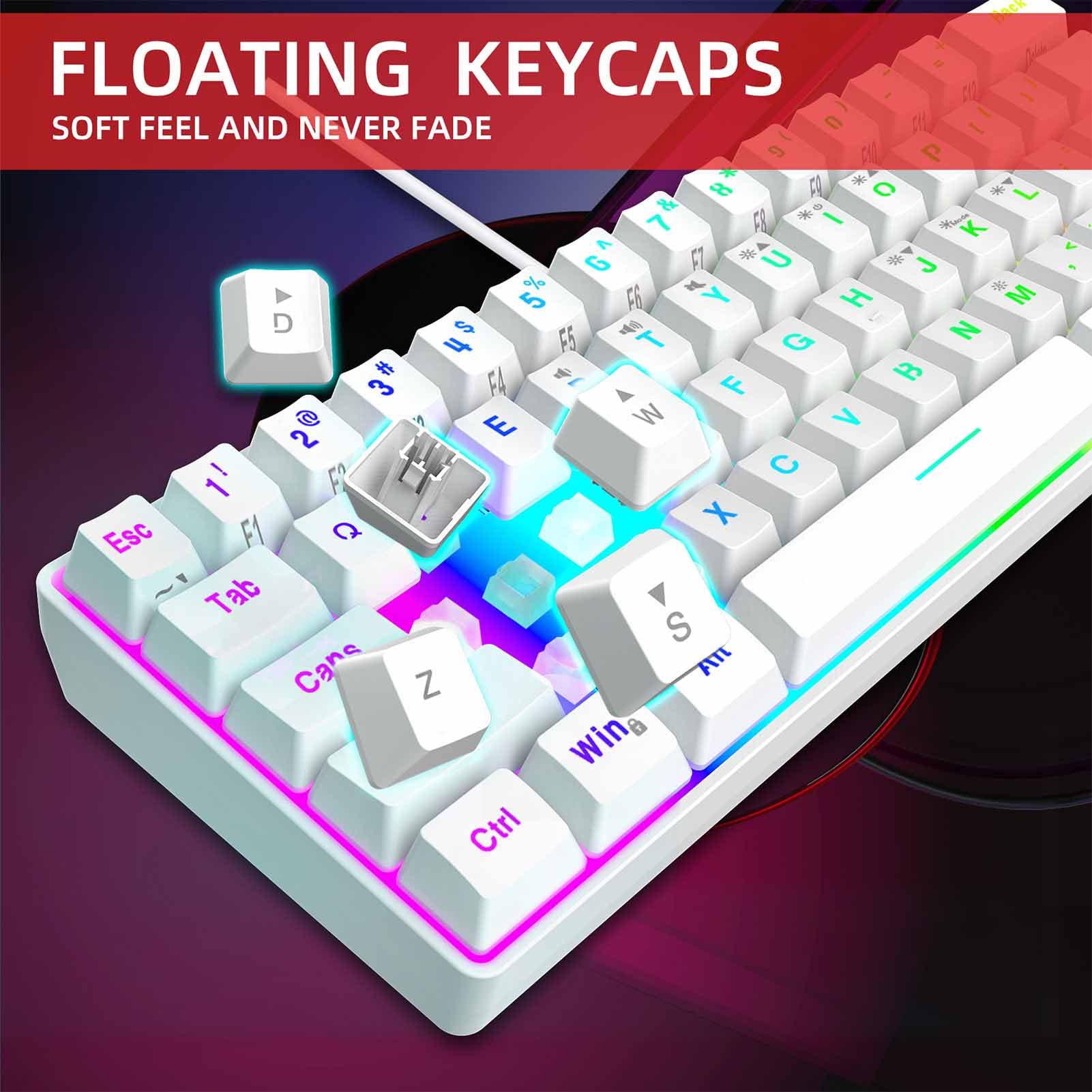 Asixxsix Zestaw Przewodowej Klawiatury i Myszy do Gier w 60% RGB, Mysz do Gier o Rozdzielczości 6400 DPI, 61 Klawiszami z Podświetleniem RGB, Mysz USB na Laptopach (Biały zestaw)