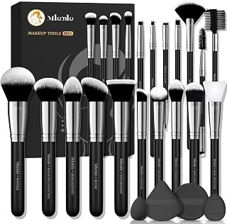 Mlemle Professional 25-Pc Makeup Brushes Set with 2 Sponges & 2 Powder Puffs - Beginner-Friendly, Soft Bristles for Flawless Application (B01-Black)