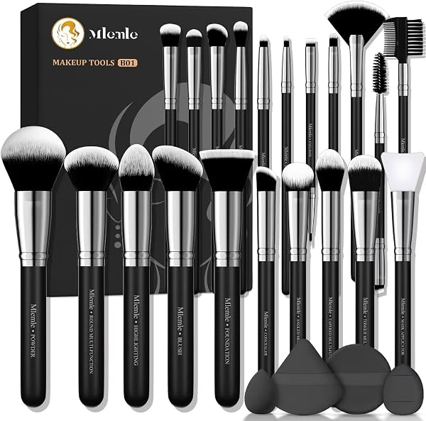Set de brochas de maquillaje, kit profesional Mlemle de 25 piezas, incluye base, polvo, rubor, correctores, sombras de ojos, 21 brochas de maquillaje, 2 esponjas de polvo y 2 esponjas de maquillaje (B01-negro), nailon