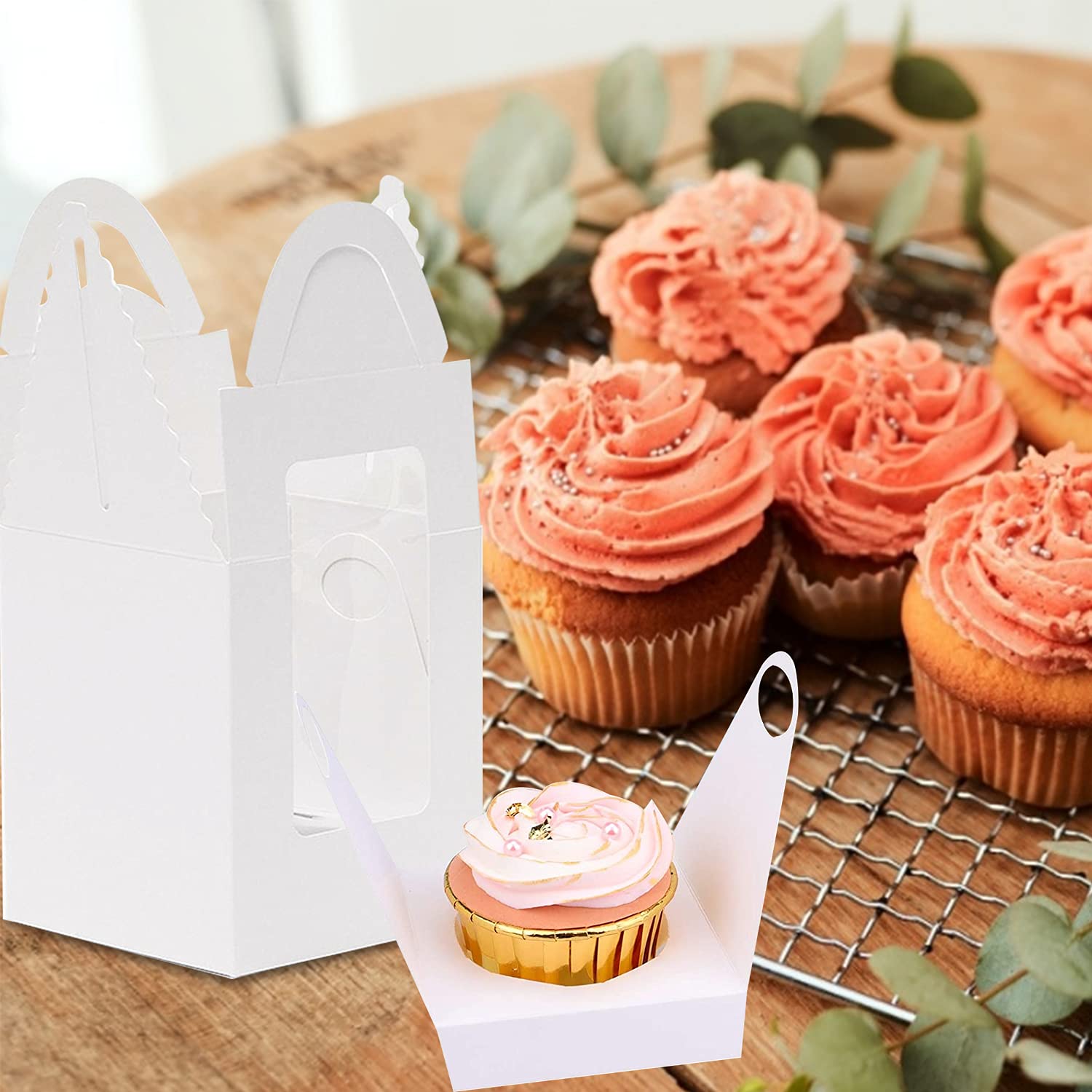 100 Scatole Per Cupcake Rosa Con Finestra E Manico – Contenitori Monoporzione In Cartone Per Pasticceria, Bomboniere E Feste - 5