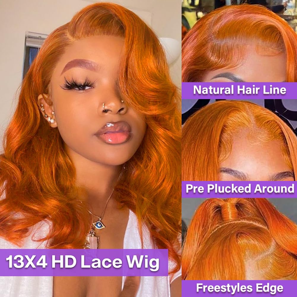 Hihmarm 18 Inch Ginger Orange Lace Front Wigs Human Hair Pre Plucked 13x4 HD Lace Frontal Wigs Human Hair Natural Hairline 180% Density Body Wave Lace Frontal Wigs for Black Women Glueless Wig