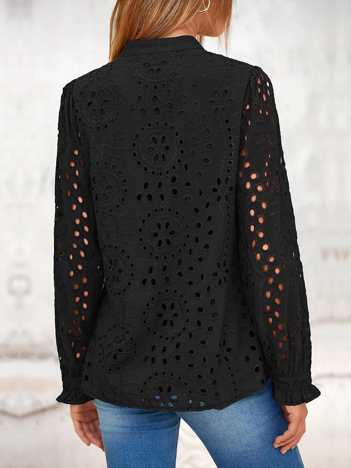 NALANISA Women's Long Sleeve Shirts Button Down Dressy Casual Blouses V Neck Embroidery Hollow Out Tops Fall Winter Clothes