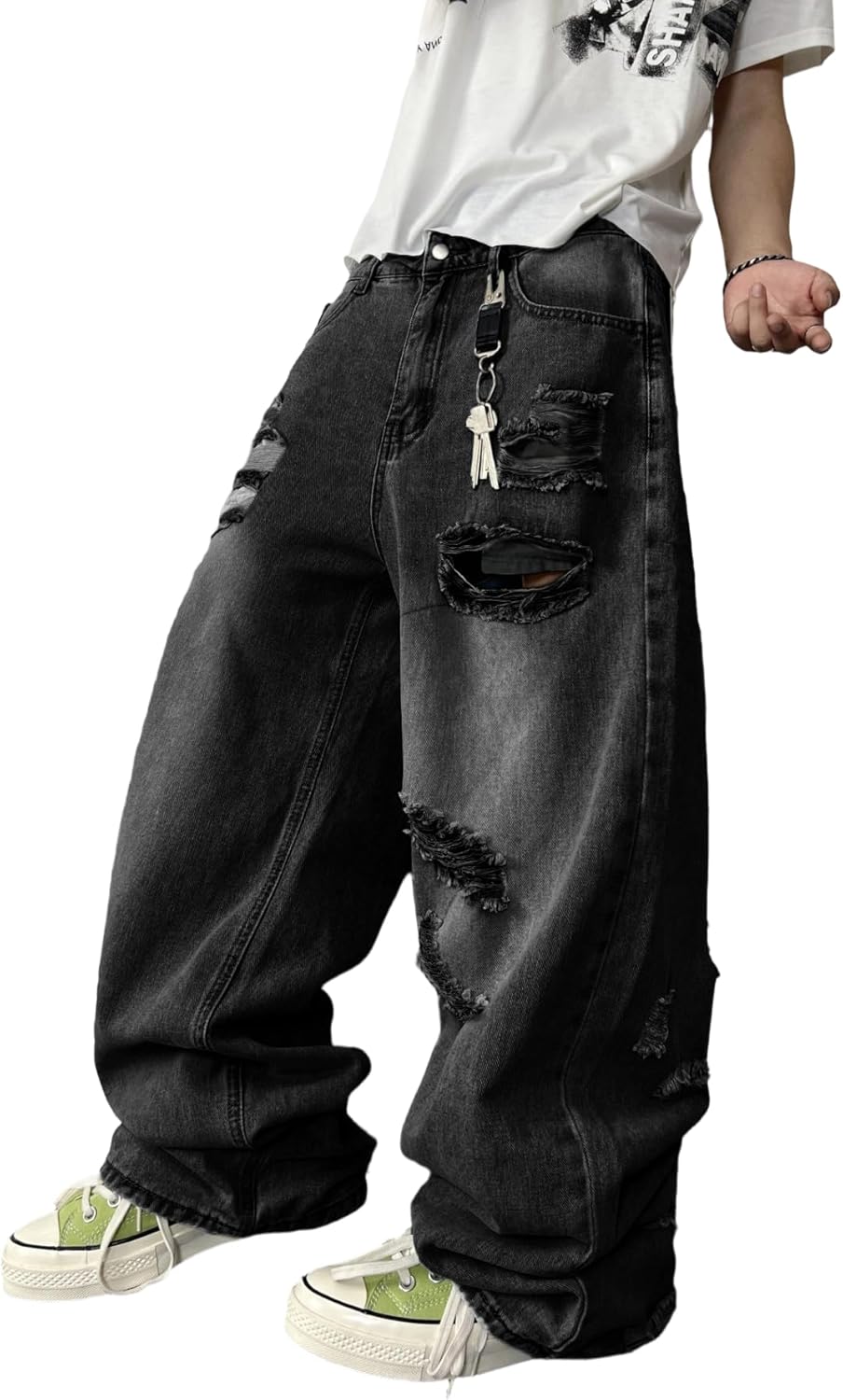 Men's Hip Hop Baggy Jeans Wide Leg Skater Jeans Loose Fit Streetwear Oversized Denim Pants