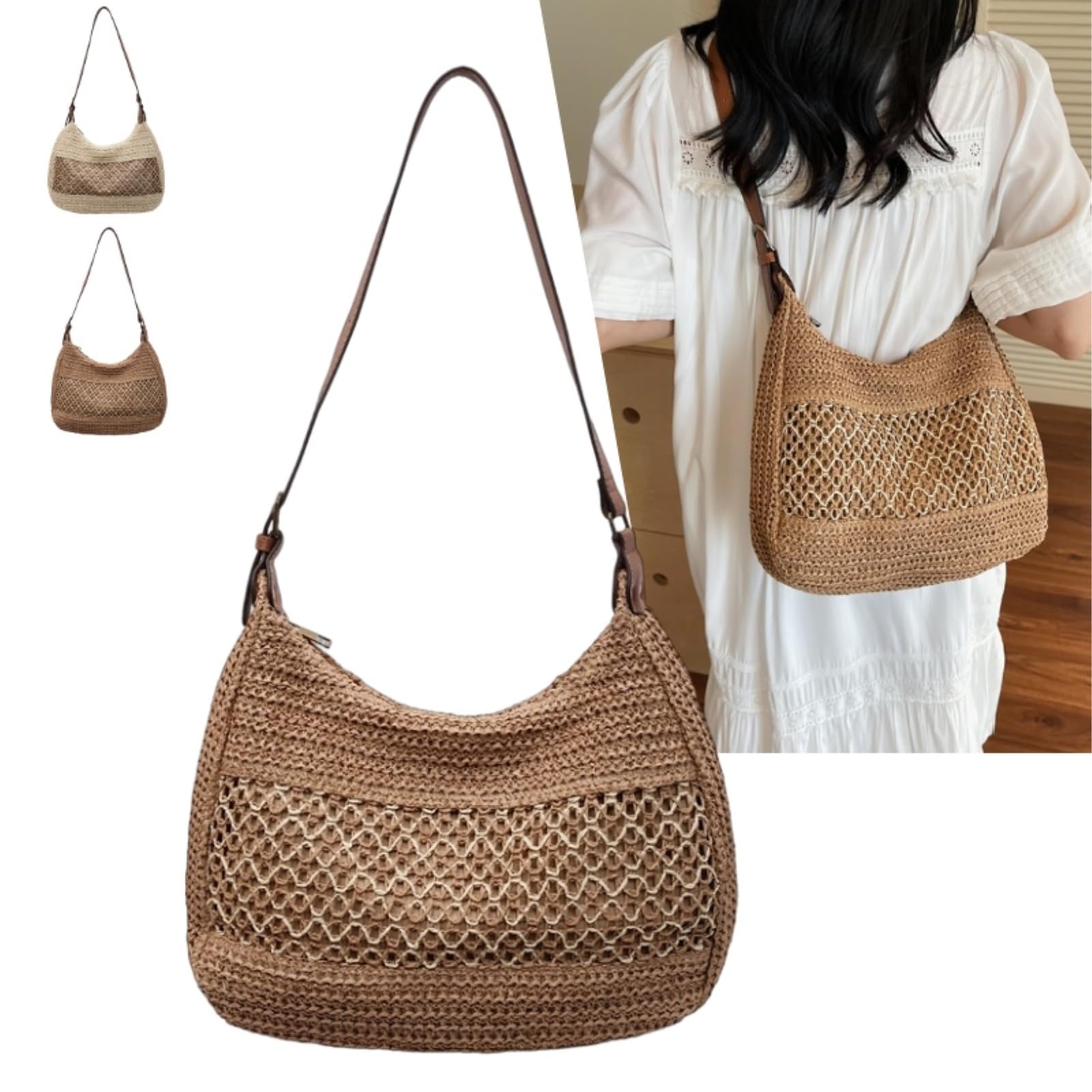 Borsa di Paglia Donna Grande capacità, Tessuto A Mano Rattan, Spalla Spiaggia Estiva, Crossbody Casual da Viaggio -Khaki