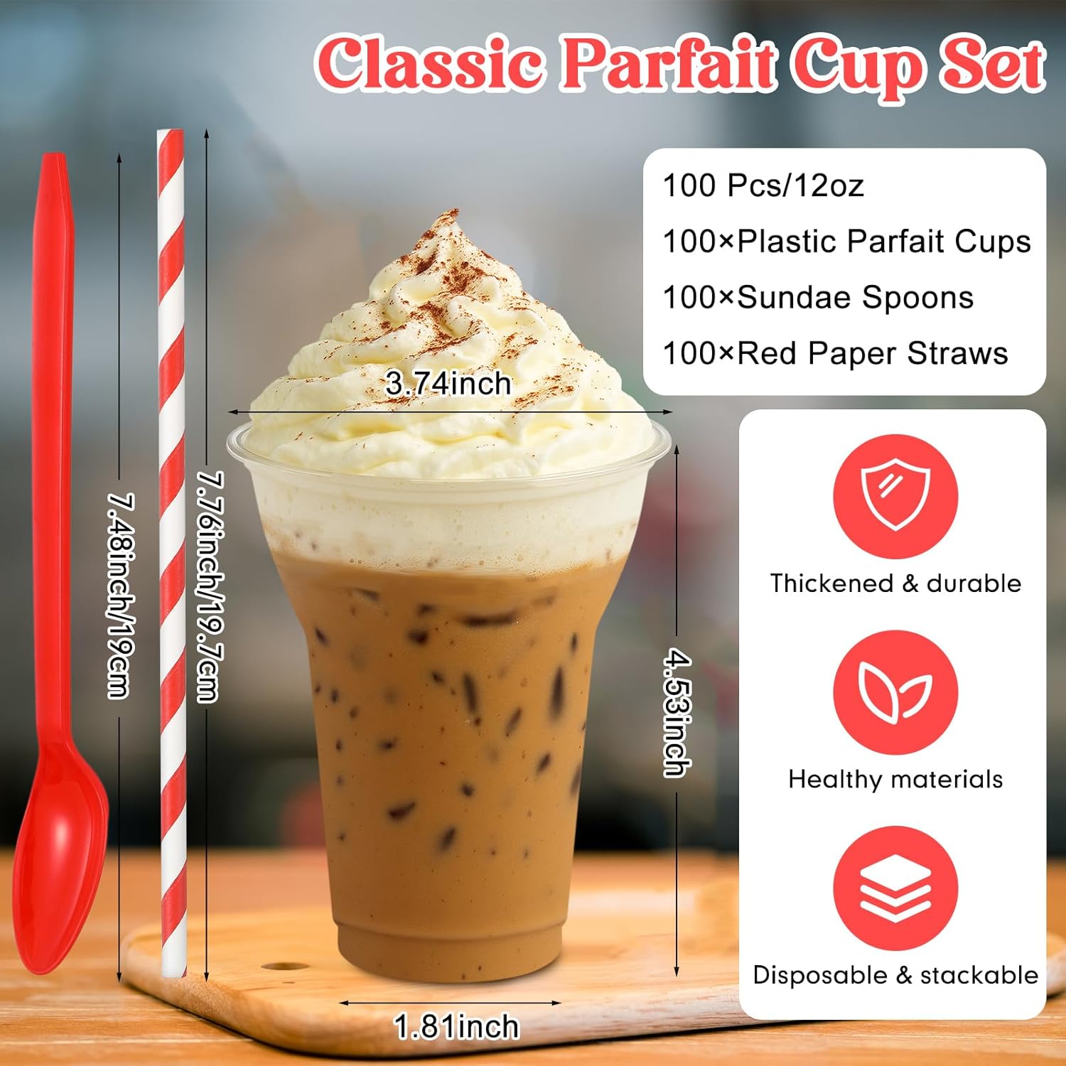Baderke 100 Sets Plastic Parfait Cups with Red Plastic Soda Spoons and Paper Straws Disposable Root Beer Float Cups Clear Milkshake Mugs for Ice Cream Sundae Yogurt Party Drinks (12oz)