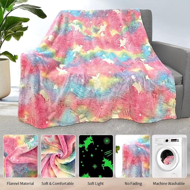 Unicorn Glow in The Dark Blankets for Girls, Kids Blankets for Baby/Toddler, Unicorns Gifts for Girls Age 1-12, Soft Fleece Blanket 40x 50