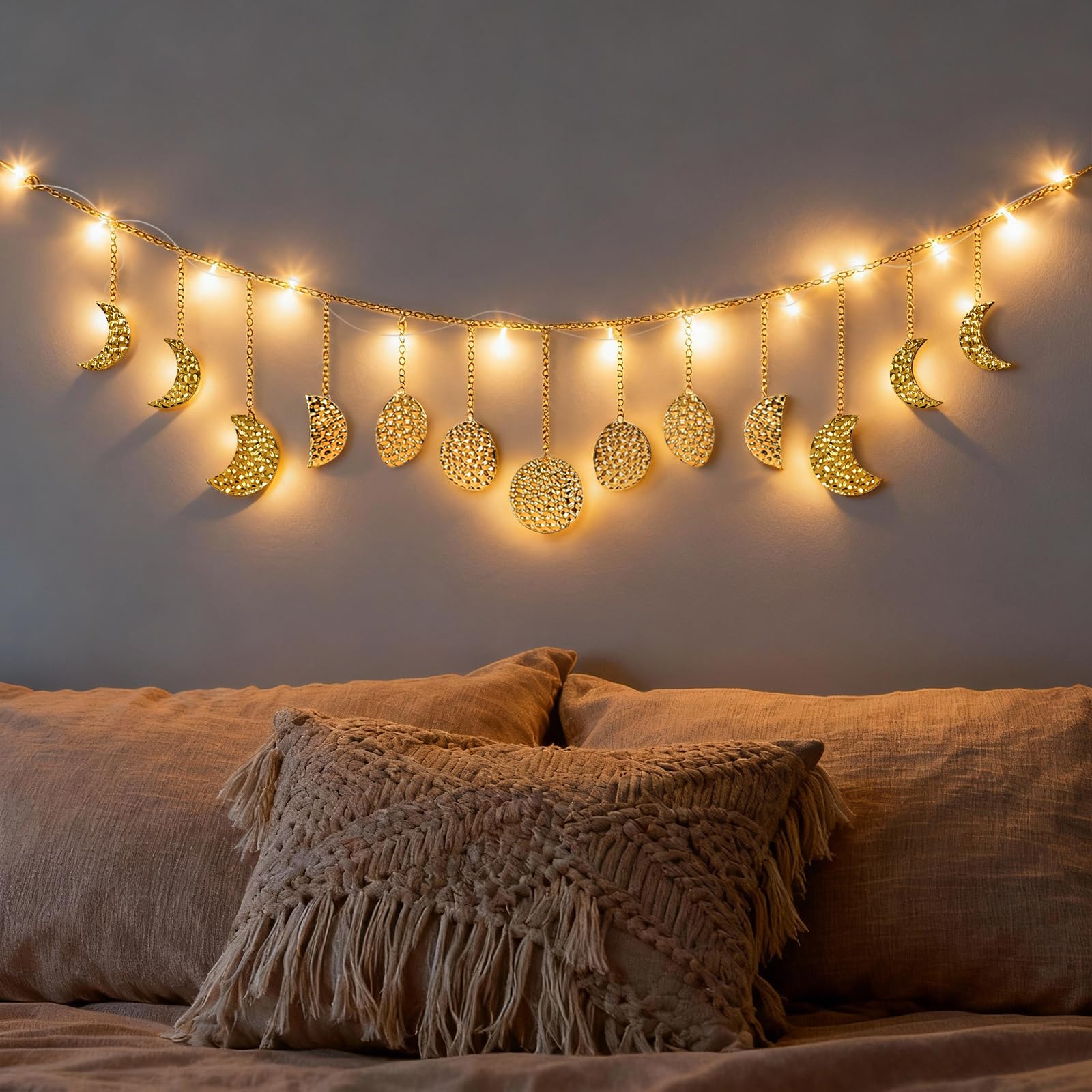 Photo 1 of **DECOR ONLY*** opulinea 36 Inch LED Moon Phase Wall Decor, Handmade Hammered Metal Gold Boho Light Up Celestial Wall Art, 13 Phases Glowing Moon Hanging for Bedroom Living Room