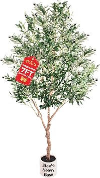Large Olive Trees Artificial Indoor, Upgraded 7FT Faux Olive Tree with Natural Wood Trunk and Lifelike Fruits, White Tall Planter, Modern Artificial Plants for Home/Office Decor Gifts