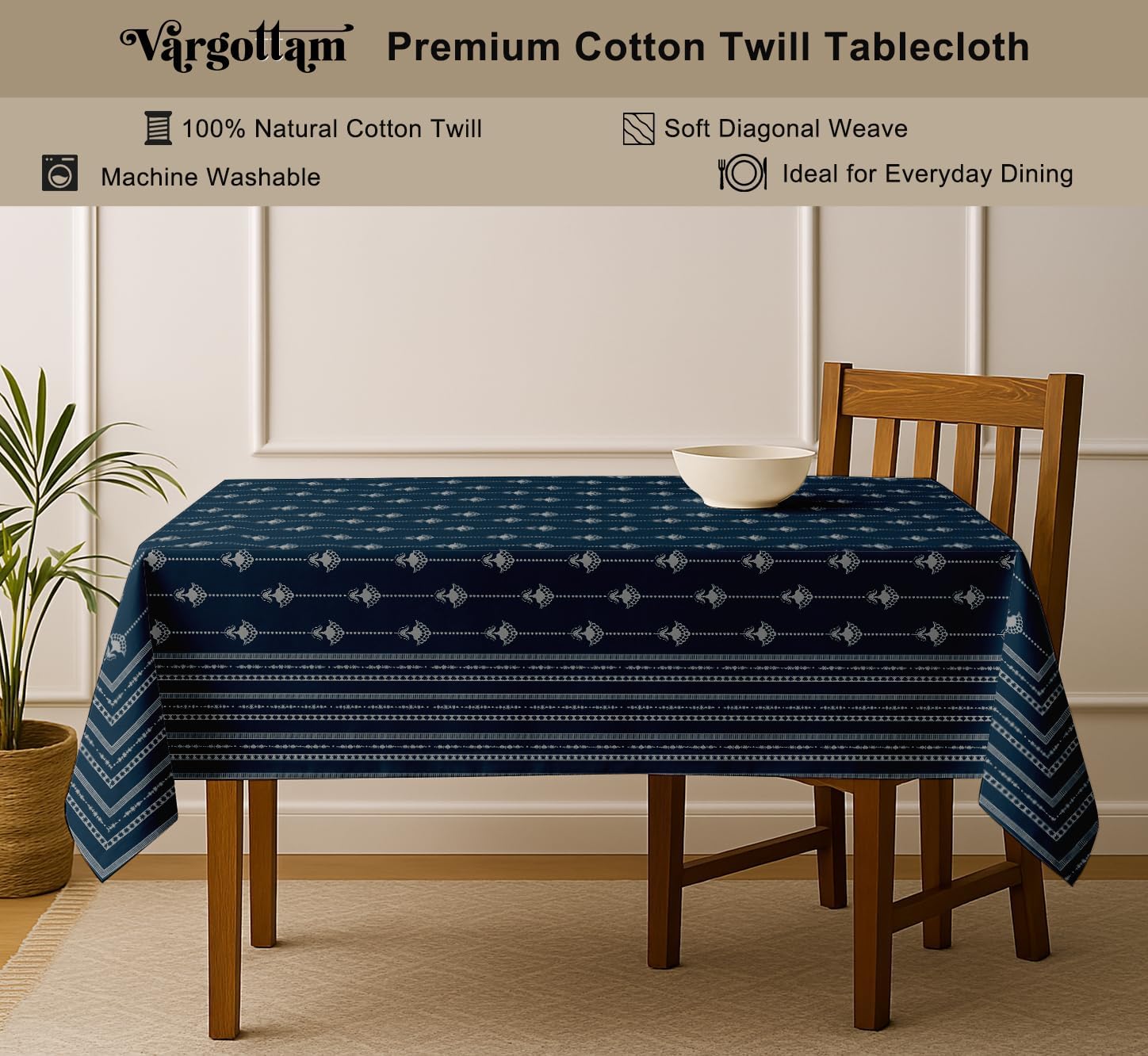 Block Design Tablecloth - Blue 60x60 Inch Cotton Twill Dining Table Cover, Perfect for 4 Seater Tables, Durable, Protective & Washable, Ideal for Everyday Use, Festive Occasions & Gatherings