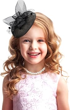 Zinniday Girls Fascinators Derby Hat - Black Veil Pearl Choker Necklace Set Kentucky Fascinator Mesh Veil Flower Headwear Funeral Church Tea Party Hat 1920s Accessories for Kids