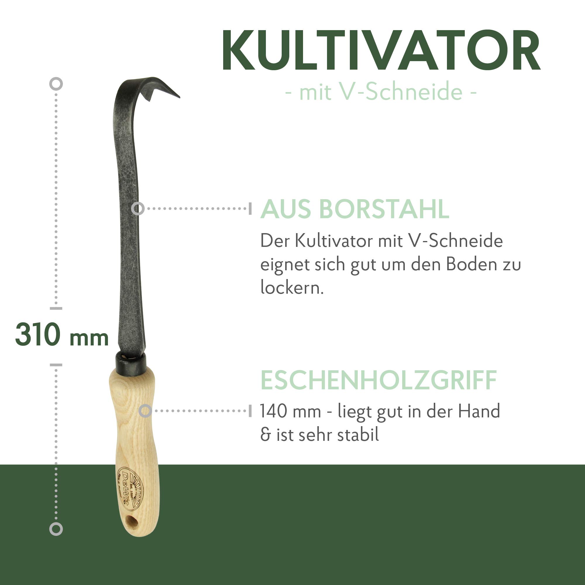 DeWit Hand-Kultivator 31 cm I Profi Grubber aus Borstahl mit 1 Zinke I Premium Garten-Zubehör zum Boden auflockern I Handgemachtes Gartenwerkzeug in Bester Qualität I Garden Tools – Made in Holland