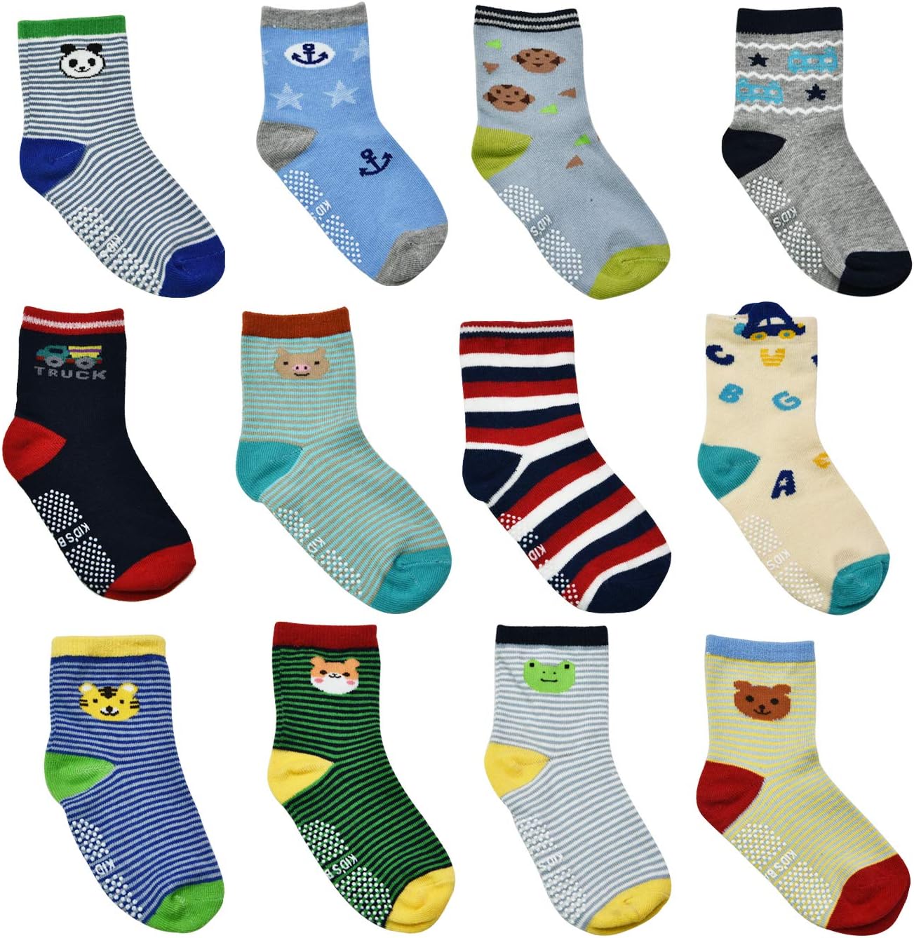 Toddler Socks Baby Boy Infants Socks 12 Pairs Non Skid Slipper Kid Socks with Grips for 0-1/1-3/3-5/5-7 Years Old Children