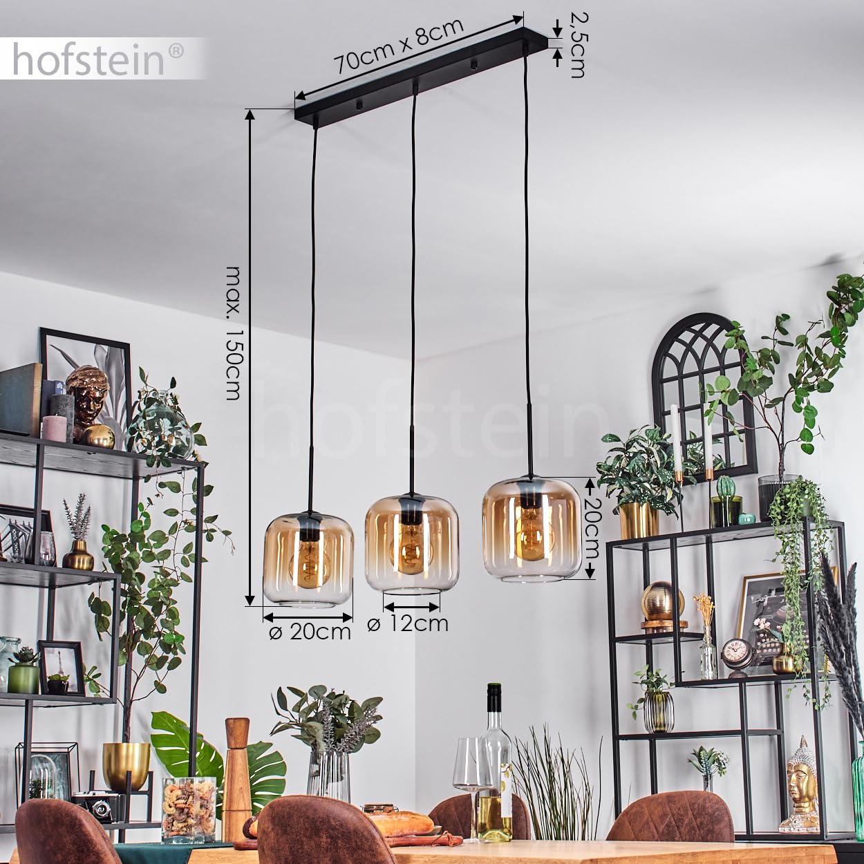 Pendelleuchte Lauden, Pendellampe aus Metall/Glas in Schwarz/Bernsteinfarben/Klar, Leuchte im modernen Retro/Vintage-Design mit Schirmen aus Glas (Ø 20 cm), Höhe max. 150 cm, 3x E27, ohne Leuchtmittel