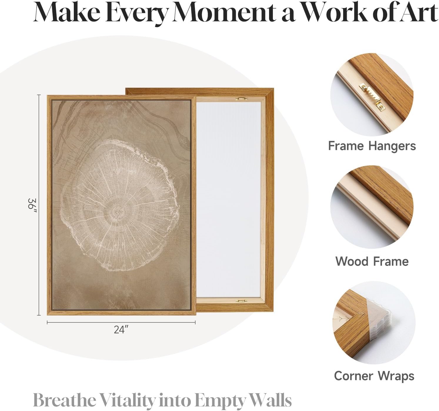 3 Piece Framed Neutral Tree Ring Wall Art for Living Room, Large Vintage Nature Wood Stump Canvas Artwork for Walls, Modern Farmhouse Paintings Prints for Bedroom Dining Room Wall Decor 24x36 Inch