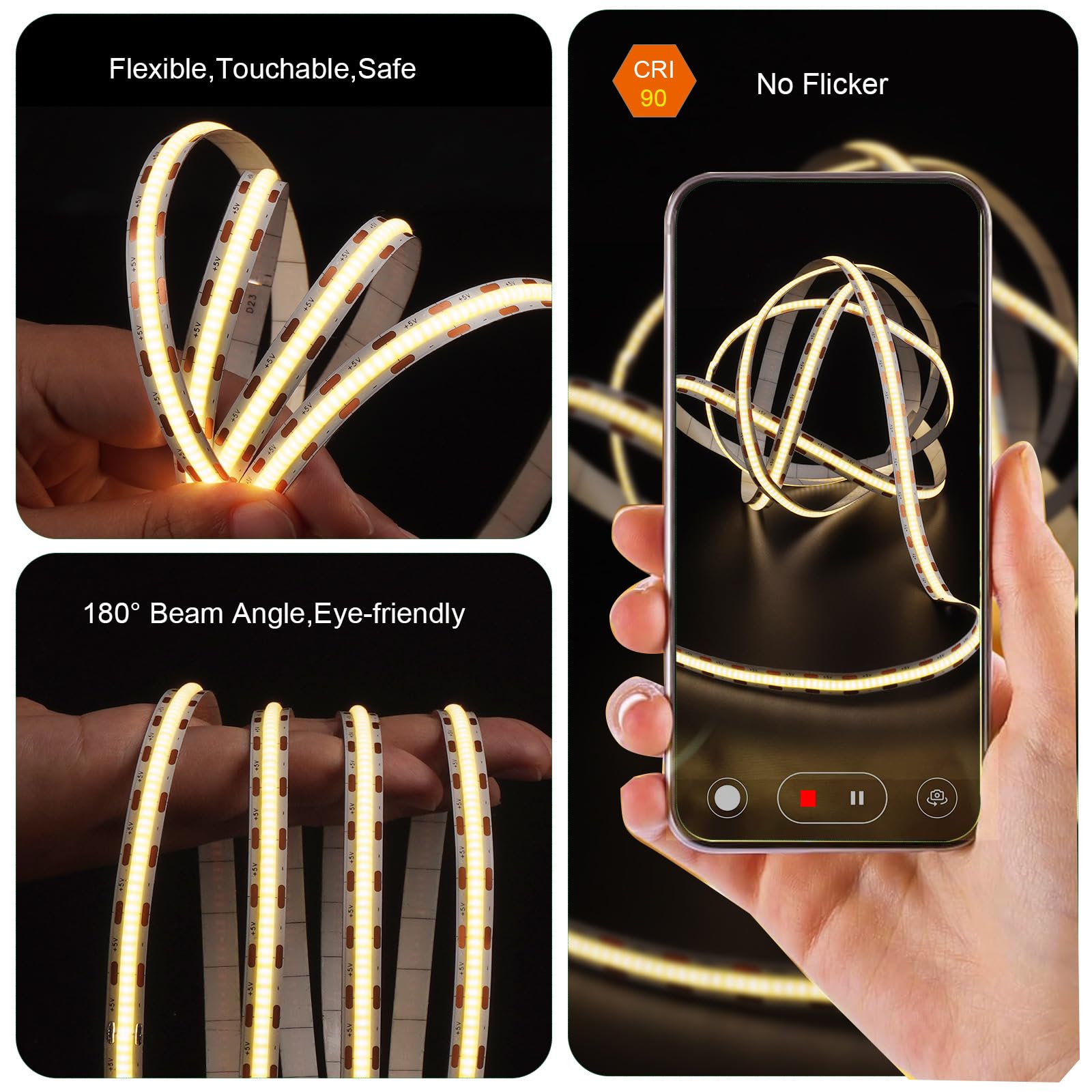 Fosingut USB COB LED Strip Light 2m,5V 960 LEDs TV Backlight 4000K Natural White,CRI90+ Dimmable Flexible Under Cabinet Kitchen Lights,8mm COB LED Tape Lights for Mirror,Wardrobe,Bedroom,Home DIY - Image 3