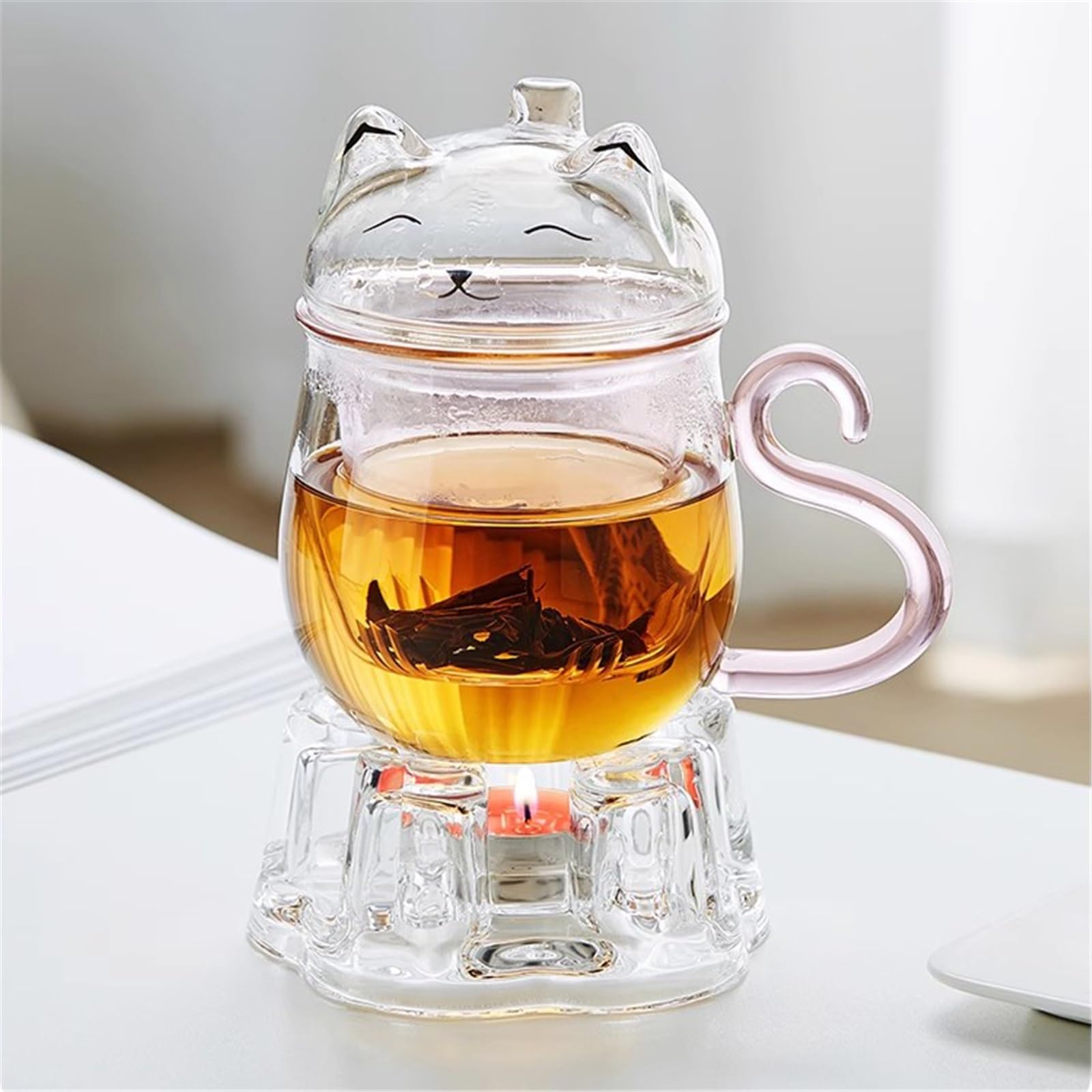 Trinkglas Transparenter, doppelwandiger Kaffeebecher mit Deckel, 473 ml (16 oz), niedlicher, katzenförmiger Borosilikatglasbecher rosa Henkel