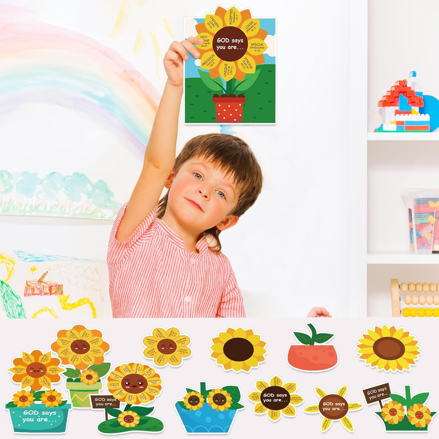 chiazllta 30 Pack Christian Arts Crafts Kit for Kids VBS Crafts Sunflower Cardboard with Religious Stickers Catholic Vacation Bible DIY Ornaments Gift for Sunday School Game Activities Supplies