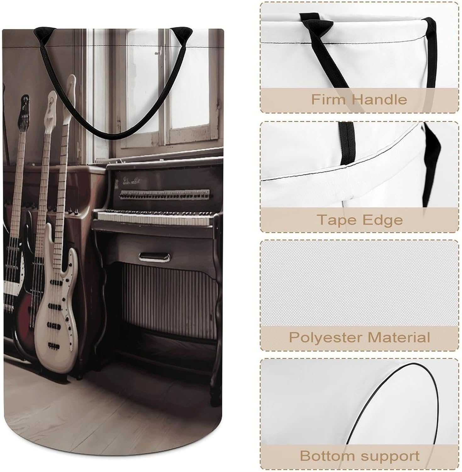 Guitar Bass Music Musical Instruments Laundry Hamper with Handles Waterproof Collapsible Laundry Basket Large Lightweight Round Dirty Clothes Hamper for Home Dorm Bathroom Decor
