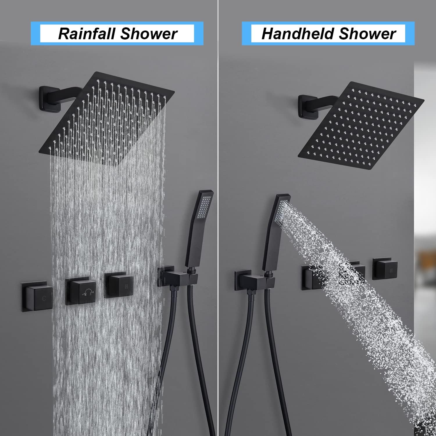 3 Handles Tub Shower Faucet Matte Black Shower System Set with High Flow Rain Shower Head and Handheld Spray Combo, Wall Mount Shower Trim Kit with Valve