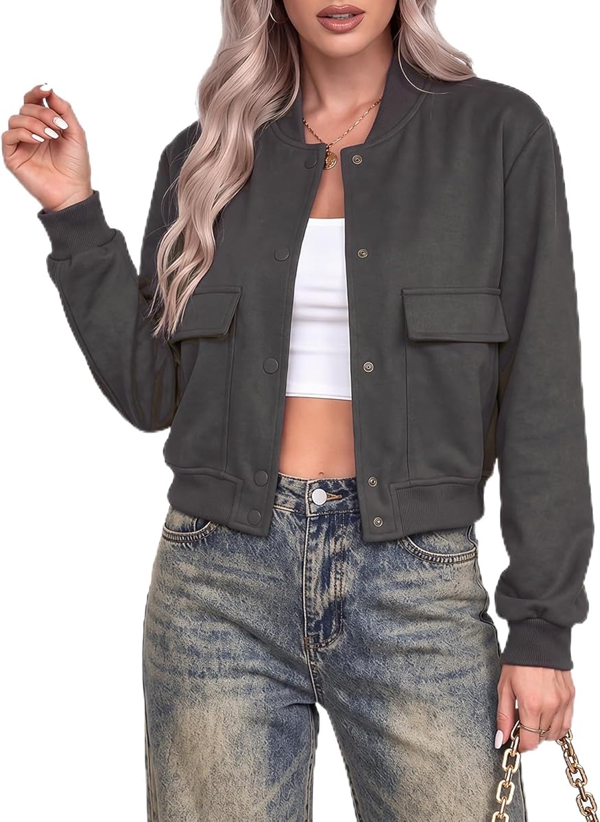 Zeagoo Women Bomber Jacket Button Down Varsity Jackets Casual Shacket