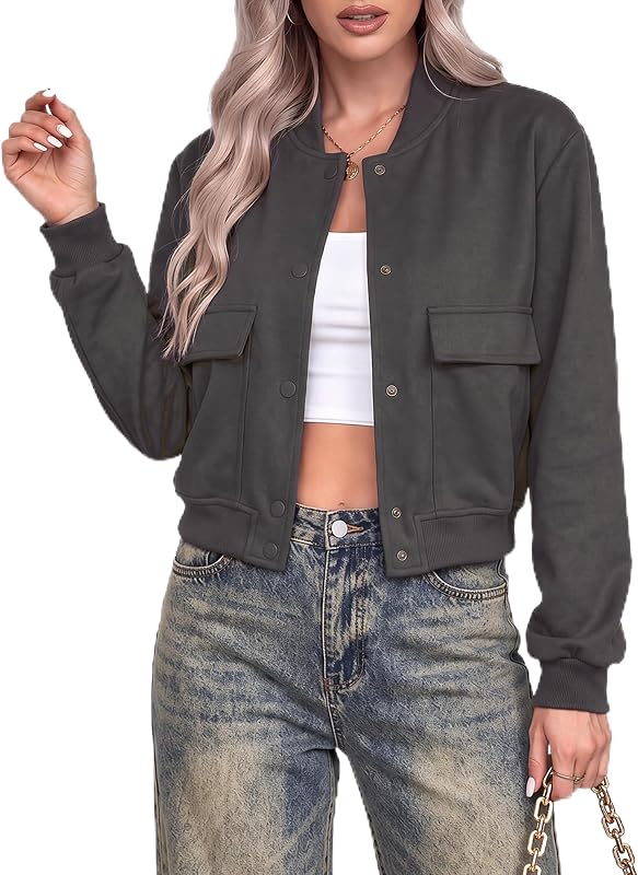 Zeagoo Women Bomber Jacket Button Down Varsity Jackets Casual Shacket