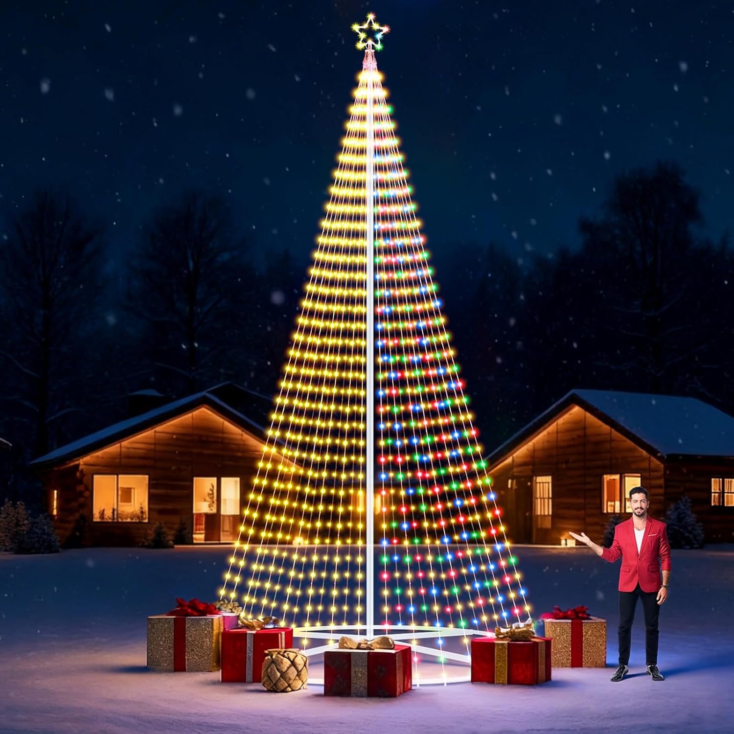 Riakrum 20ft-3199 LED Flagpole Christmas Tree Lights Outdoor Decorations with Star Topper, 8 Lighting Modes Pre-lit LED Flagpole Christmas Lights Multicolor, Outside Yard Holiday Display Warm-colorful Color 20ft-3199 LED