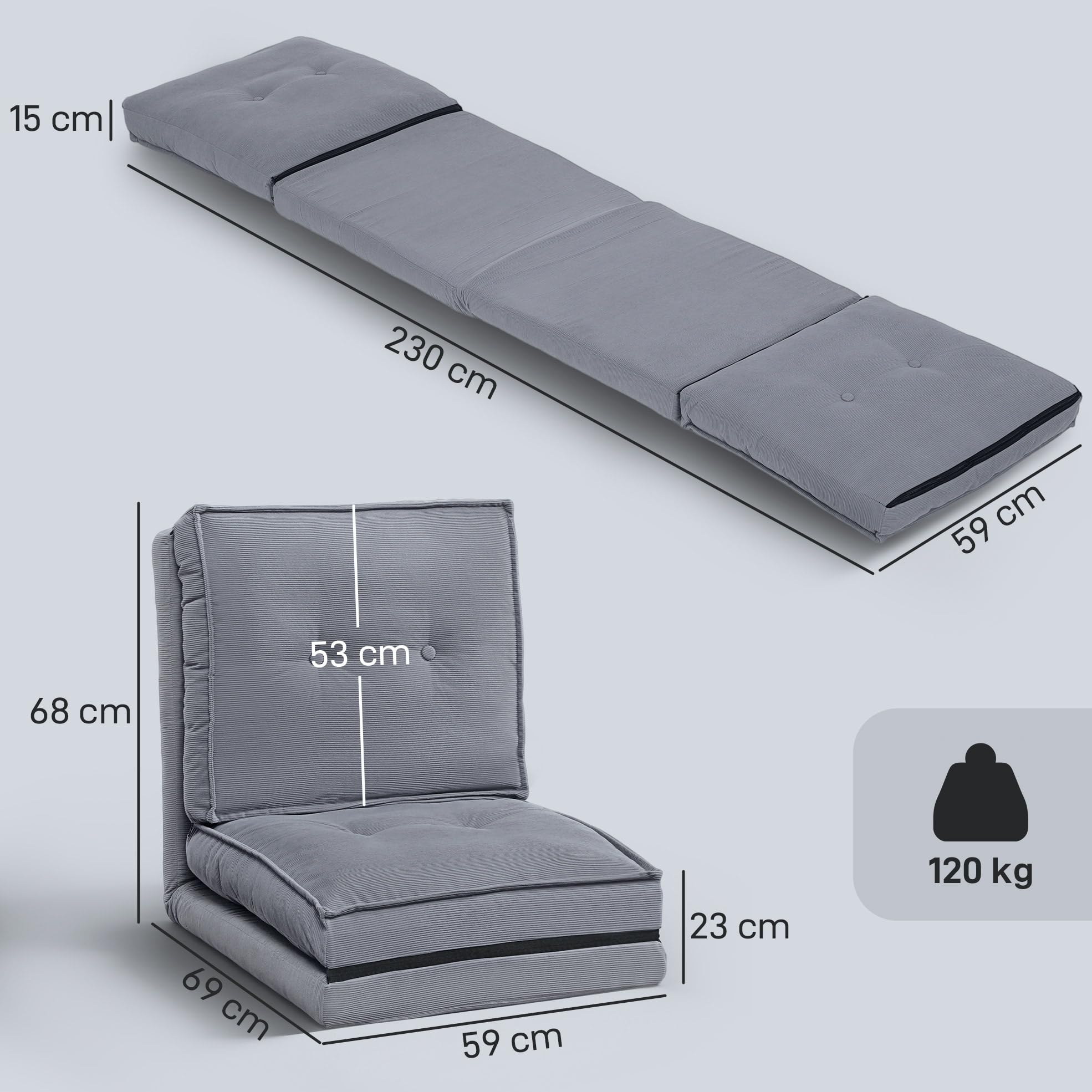HOMCOM Sillón plegable de pana con colchón suave, respaldo ajustable en 5 posiciones, sofá cama acolchado para salón, oficina, dormitorio, 59 x 230 x 15 cm, color gris