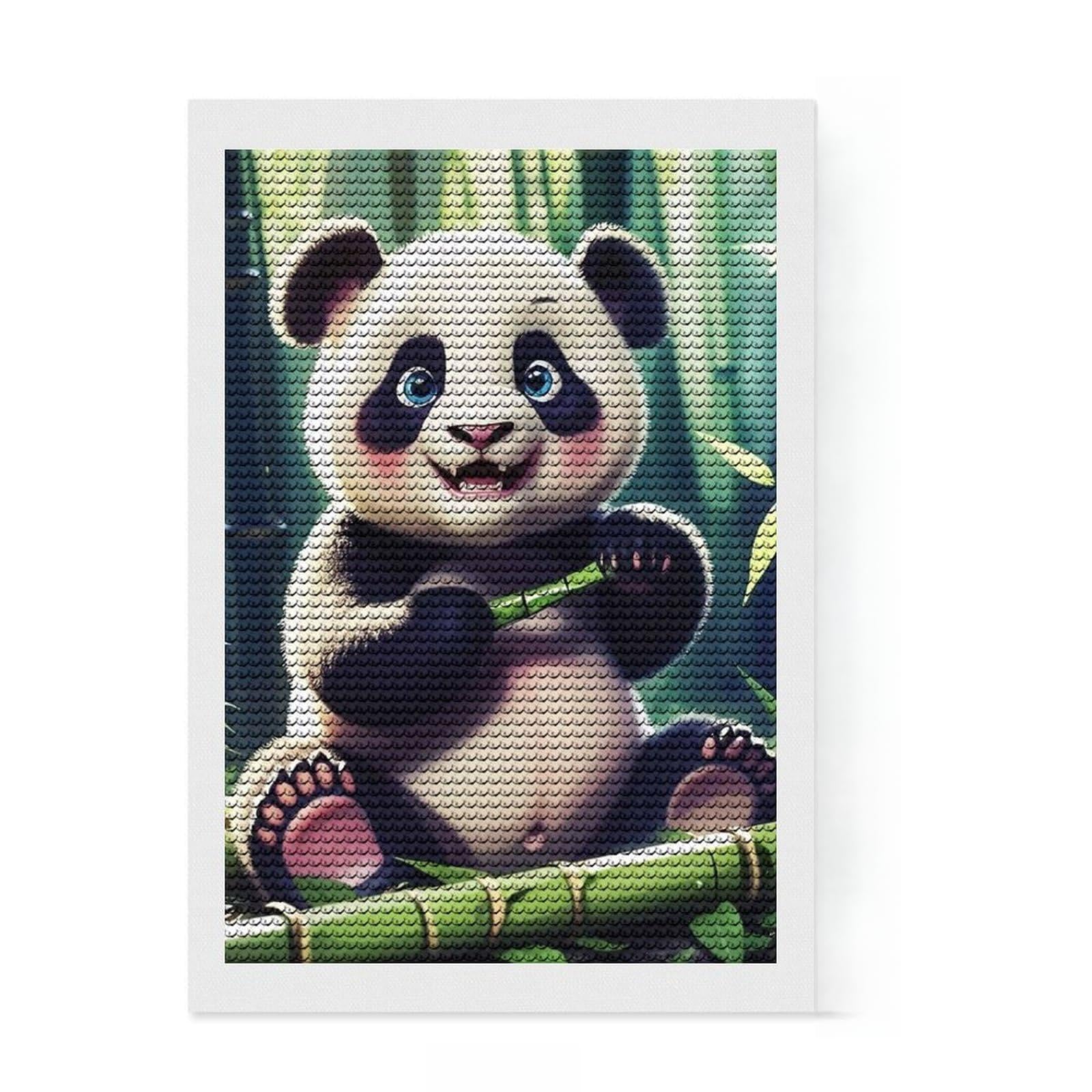 Junmoney Baby Panda DIY Diamond Art Canvas Kit 8"x12", Sparkling Round Gems, Adhesive Canvas, Office Decor, Holiday Gift Idea