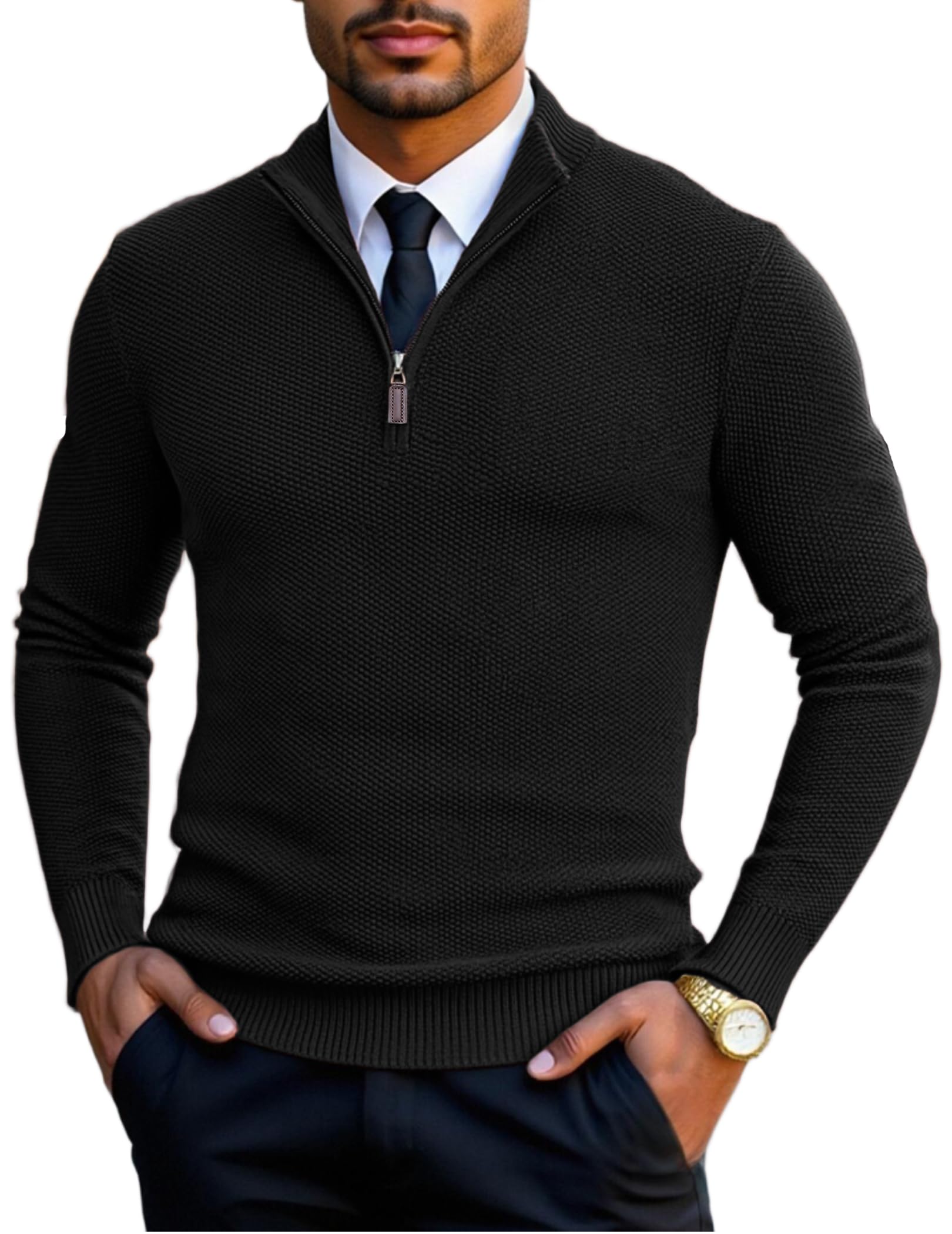 coofandy Men's Quarter Zip Pullover Sweater Slim Fit Knit Mock Neck Polo Sweaters-picture-40