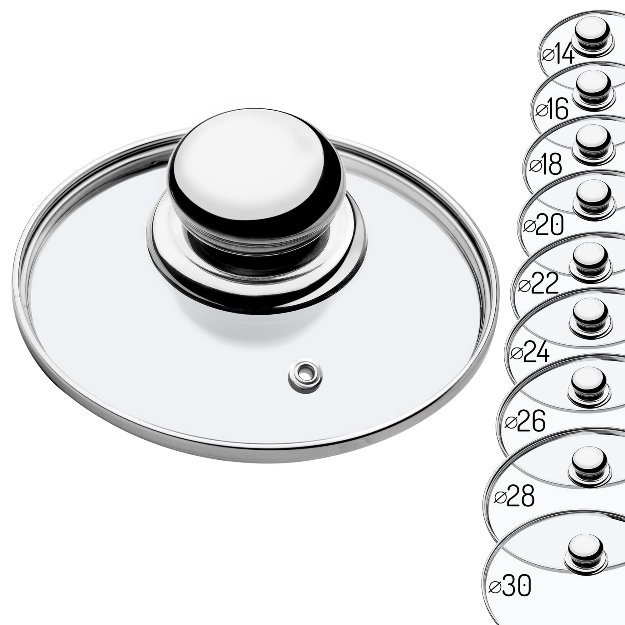 KADAX Set di 4 coperchi in vetro, con manico in metallo, Ø 20/24/26/28 cm, resistenti al calore, per pentole e padelle, mantiene il calore e riduce gli schizzi