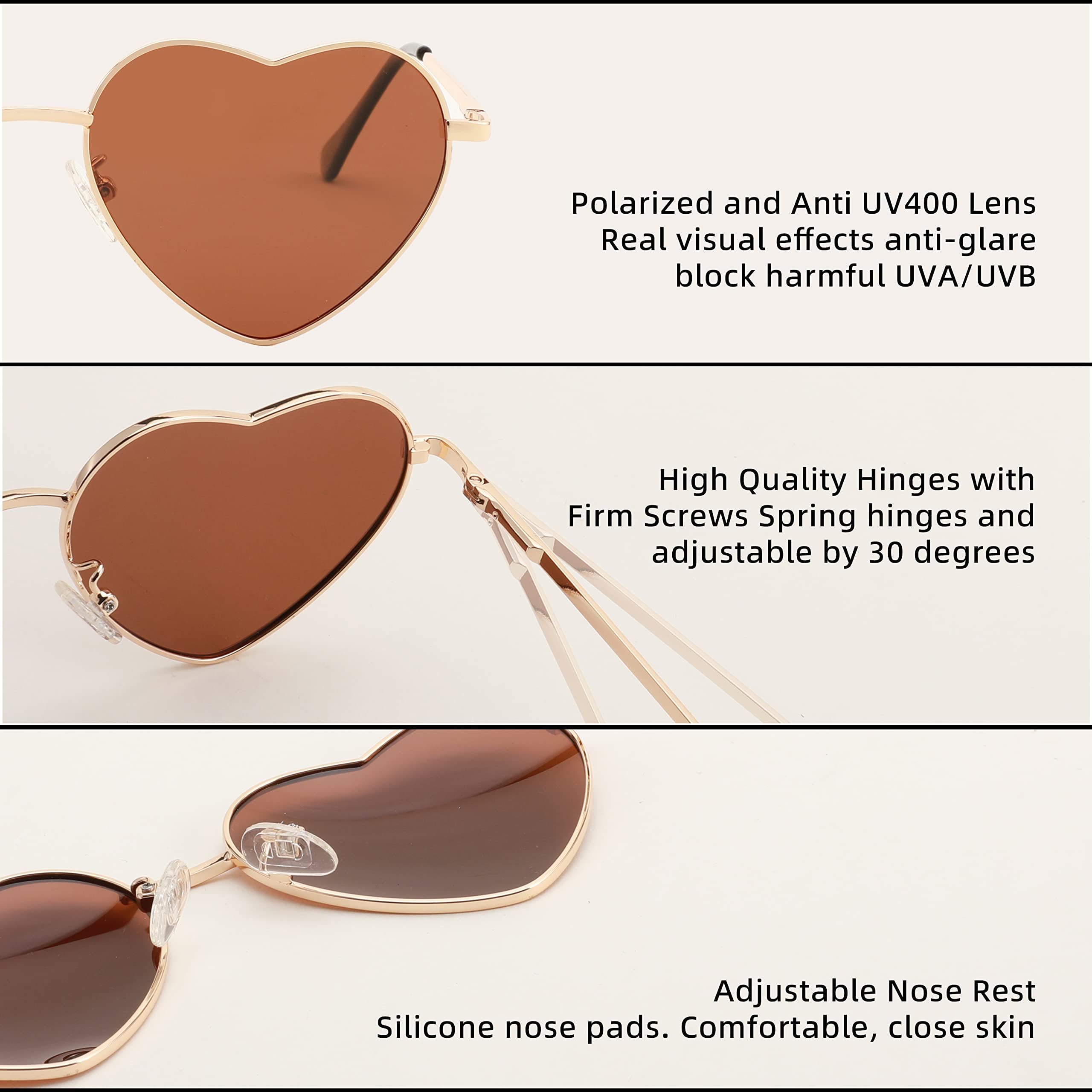 Karsaer Polarized Heart Sunglasses Unisex Metal Frame Cute Lovely Glasses UV400 Protection E1134, 54, Brown 2