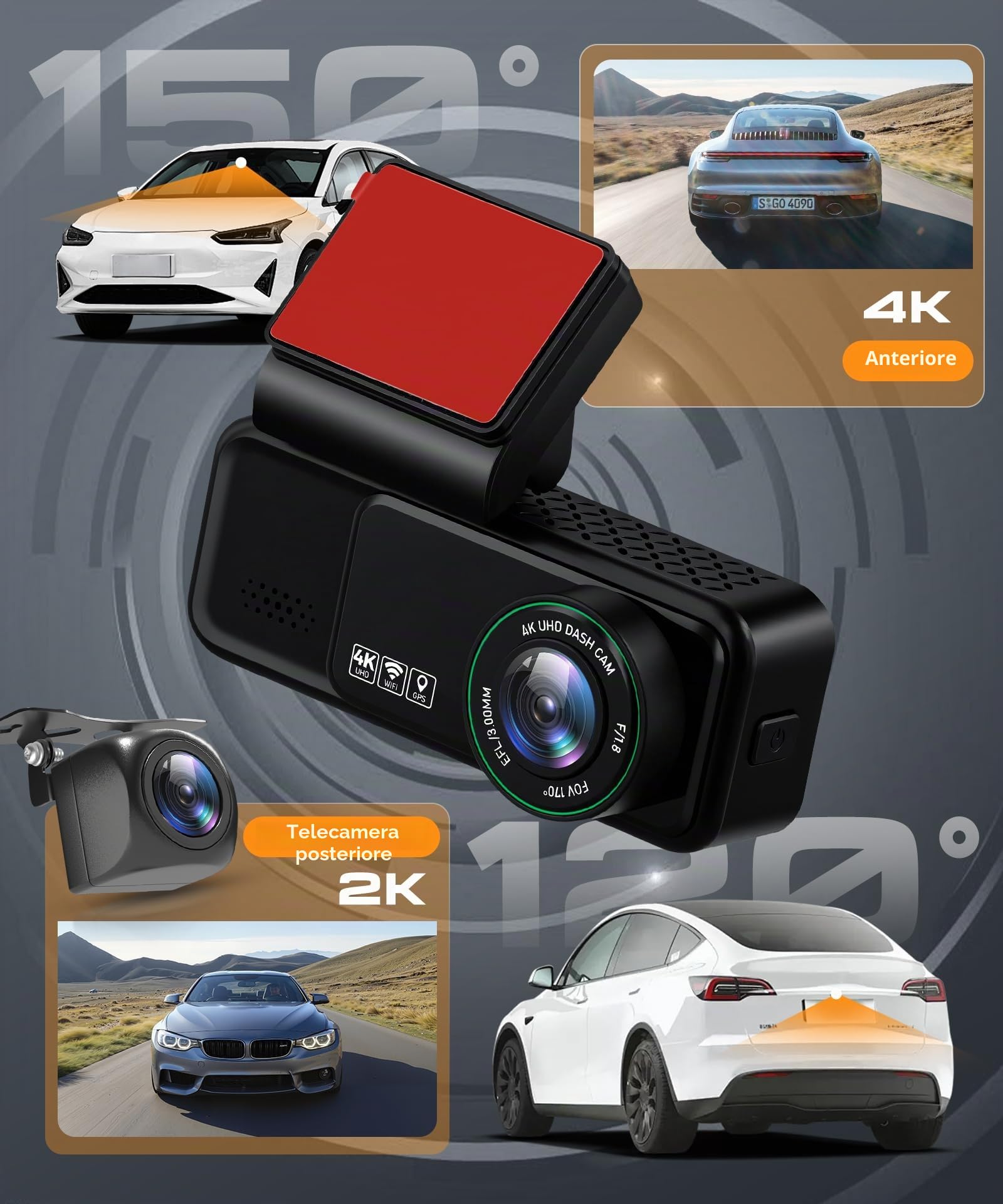 Rimoody 4K 2 Canali WIFI Dashcam Auto, 4K+2K Telecamera Anteriore e Posteriore, 3" Dash Cam con GPS/WIFI & APP Controllo/ADAS & BSD & LCA/Visione Notturna/G-Sensore/Loop Video/24H Parcheggio Monitor