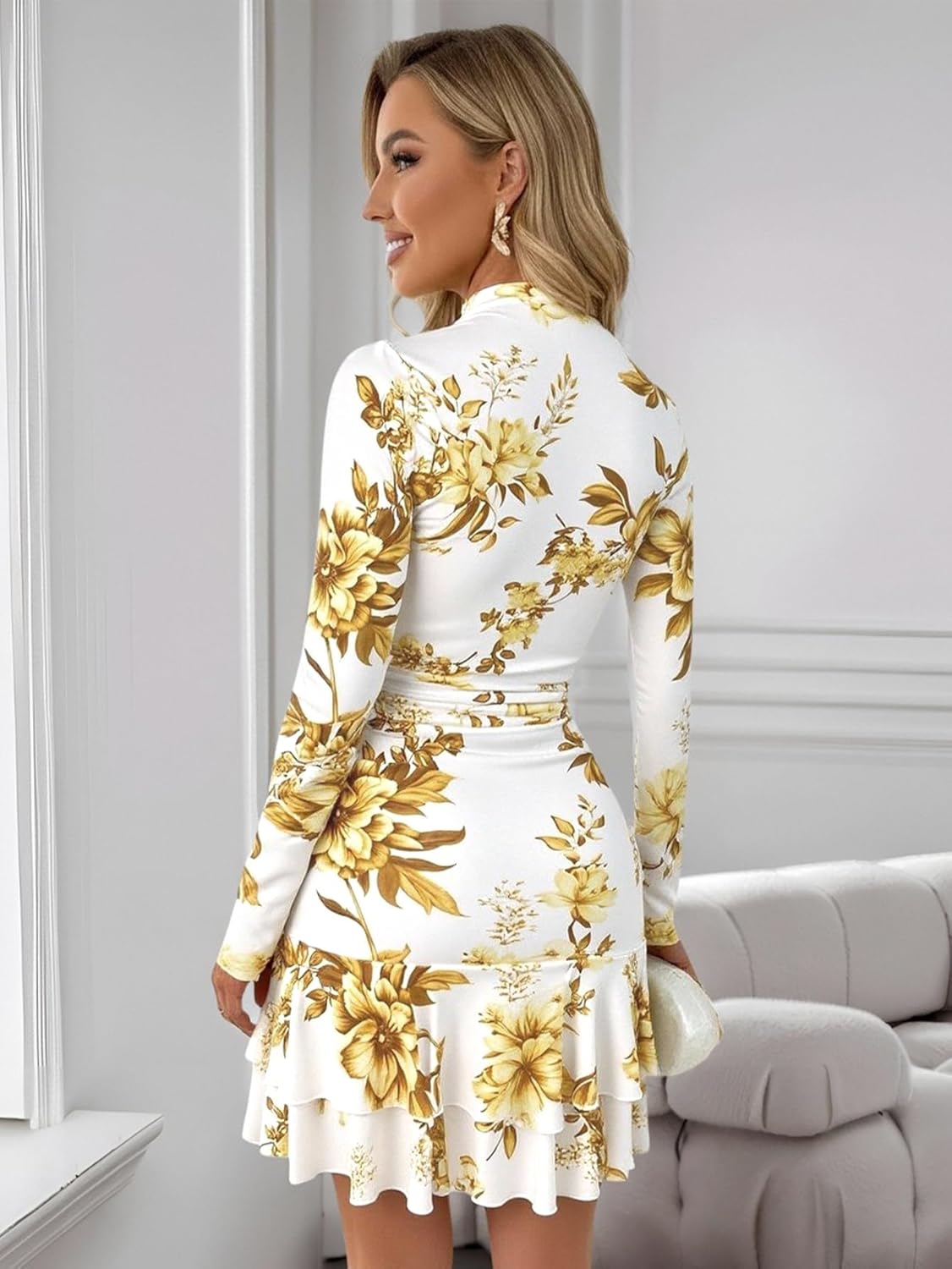 Women's Floral Layered Ruffle Ruched Dress Wrap Mock Neck Bodycon Mini Evening Party Cocktail Dresses - Image 2