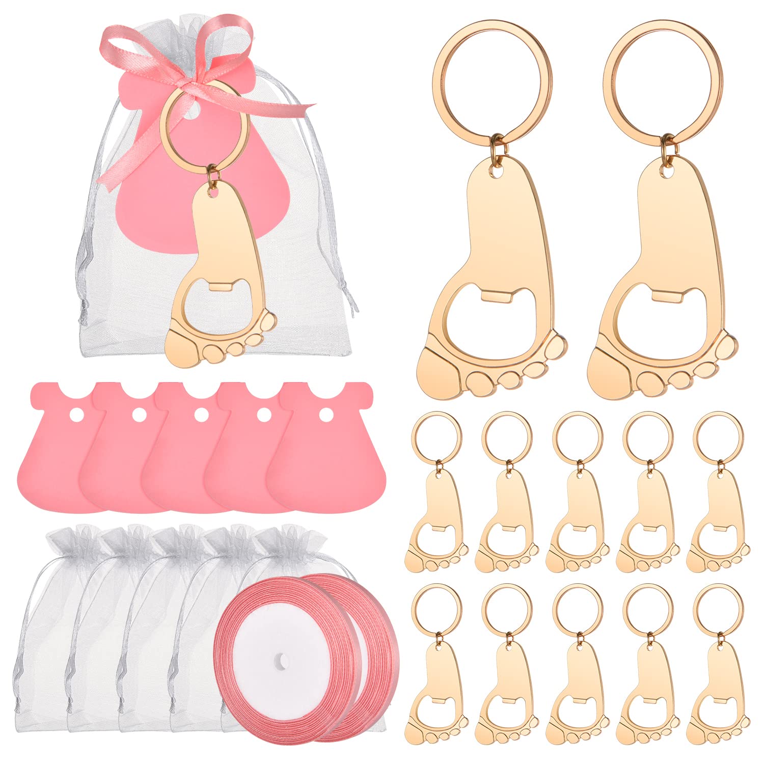 50 Pieces Baby Footprint Keycahin Bottle Openers Baby Boy or Girl Shower Decarotions Party Favors,Gifts or Souvenirs for Guests Bulk with DIY Tags and White Organza Bags Game Gifts (Pinkl)