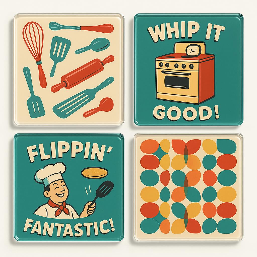 The Plum Penguin Retro Cook Joy Acrylic Coaster Set Of 4 With 50S Retro Cooking Graphics - Vibrant Home Kitchen Décor For Chefs And Cooking Enthusiasts