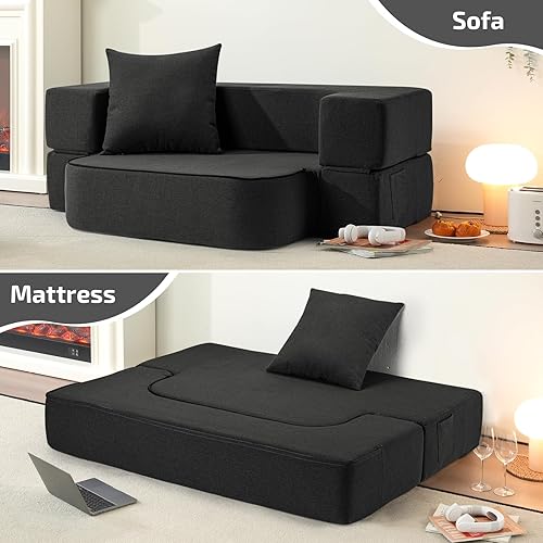 Miniatura 5 de Sofá cama convertible 2 en 1 con almohada, sofá plegable y colchón de cama, funda lavable y silla de espuma viscoelástica, tapete de juego para