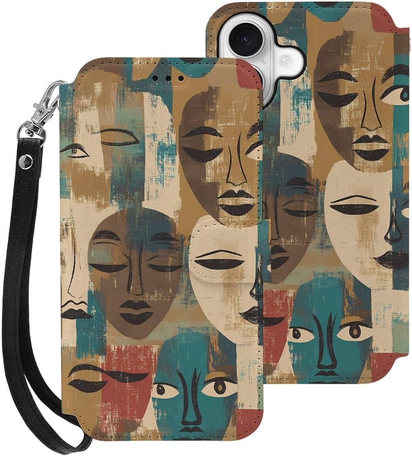 African Faces Art Masks Compatible with iPhone 16/16 Plus/16 Pro/16 Pro Max/16 E Case Phone Wallet Card Holder Flip Cover with Wrist Strap