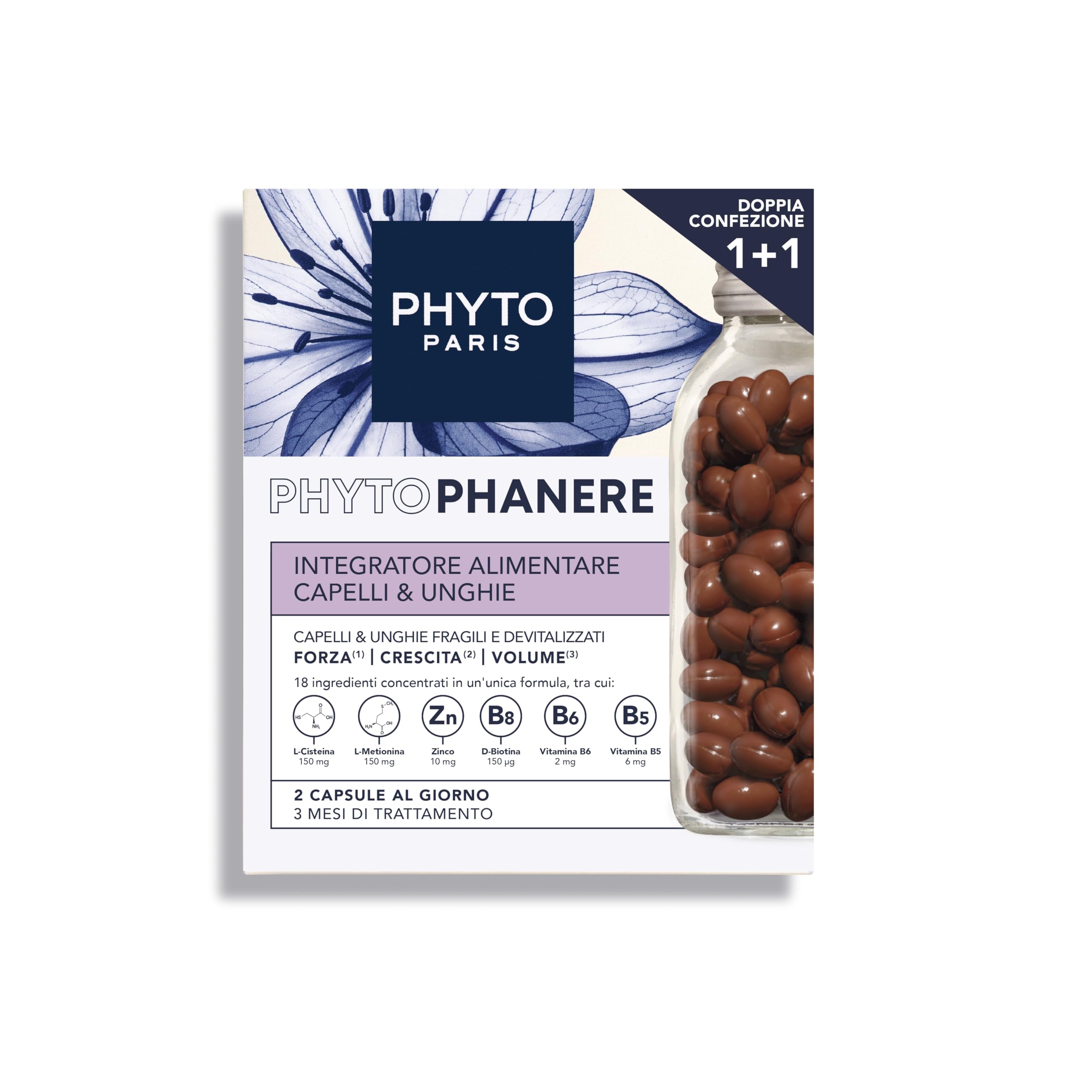 Phyto Phytophanere Integratore Alimentare Naturale Fortificante, Per Capelli e Unghie, Crescita e Volume, Senza Siliconi, Confezione doppia da 90 capsule (Total