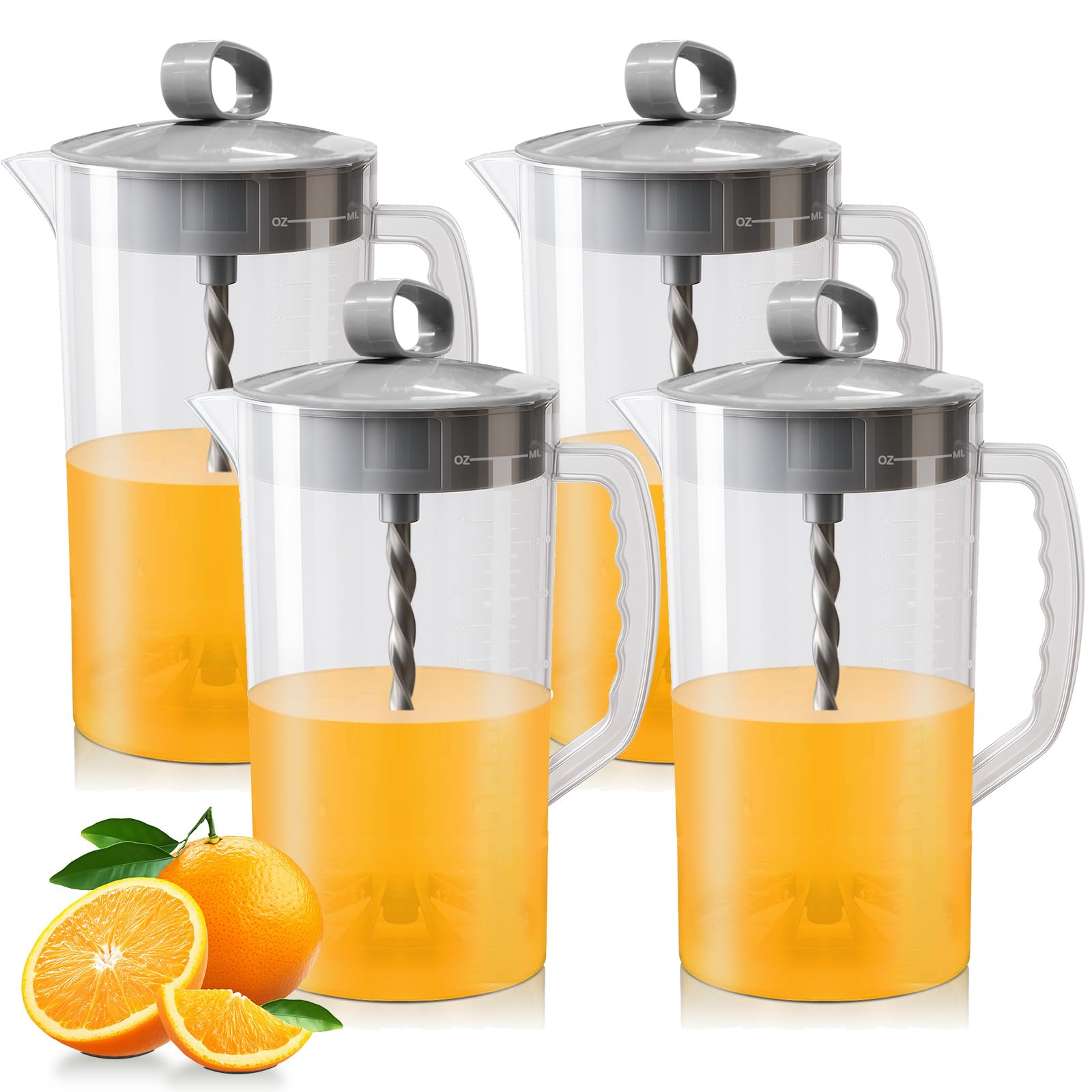 4 Pcs Mixing Pitcher for Drinks, 2 Quart/64oz Plastic Water Pitcher with Lid, Angled Plastic Blades and Adjustable Mixer Plunger for Juice, Tea, Milk,