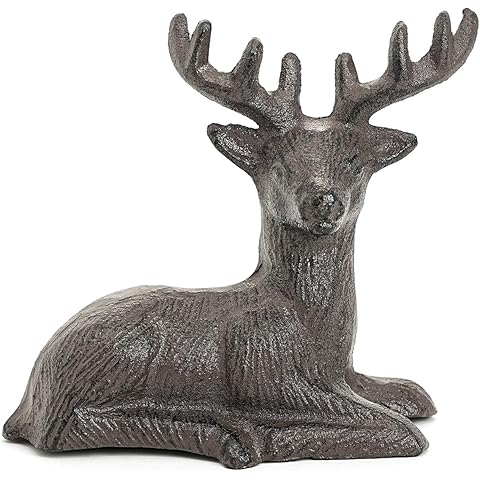 Sungmor Cast Iron Deer Statue, Christmas Reindeer Figurine, Rustic Brown Heavy Lying Elk Vintage Home Decor Sculpture, Indoor Outdoor Shelf Tabletop Holiday Decorations