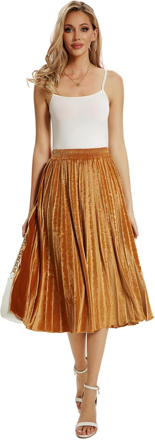 TONCHENGSD Women's High Elastic Waist Velvet Midi Long Pleated Swing Ruffled Skirt - Image 2