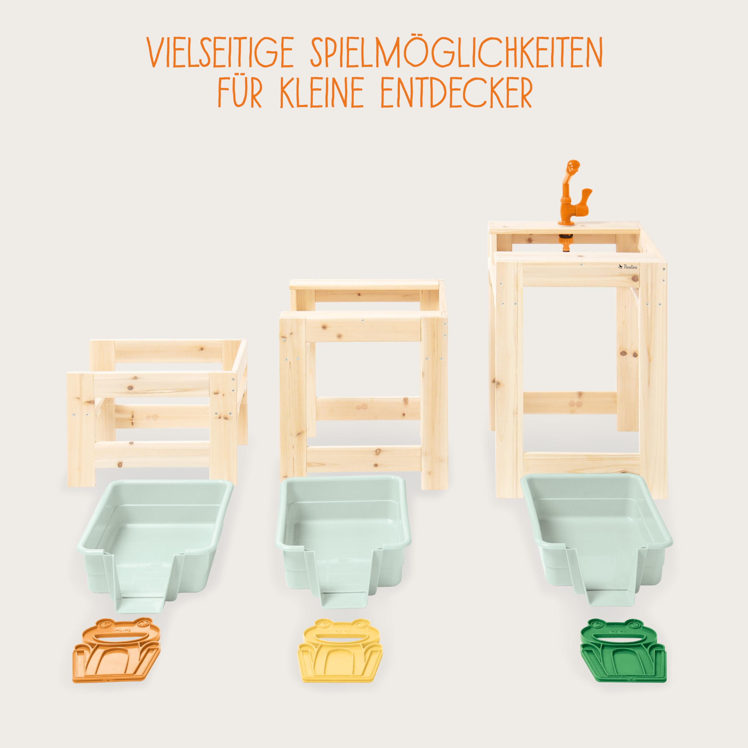 PINOLINO Juego de mesa de juegos de agua Frolino, 3 piezas, juguete acuático para exteriores, juguete de madera para jardín, con grifo y conexión de manguera, 3 mesas de juego con bañeras, a partir de