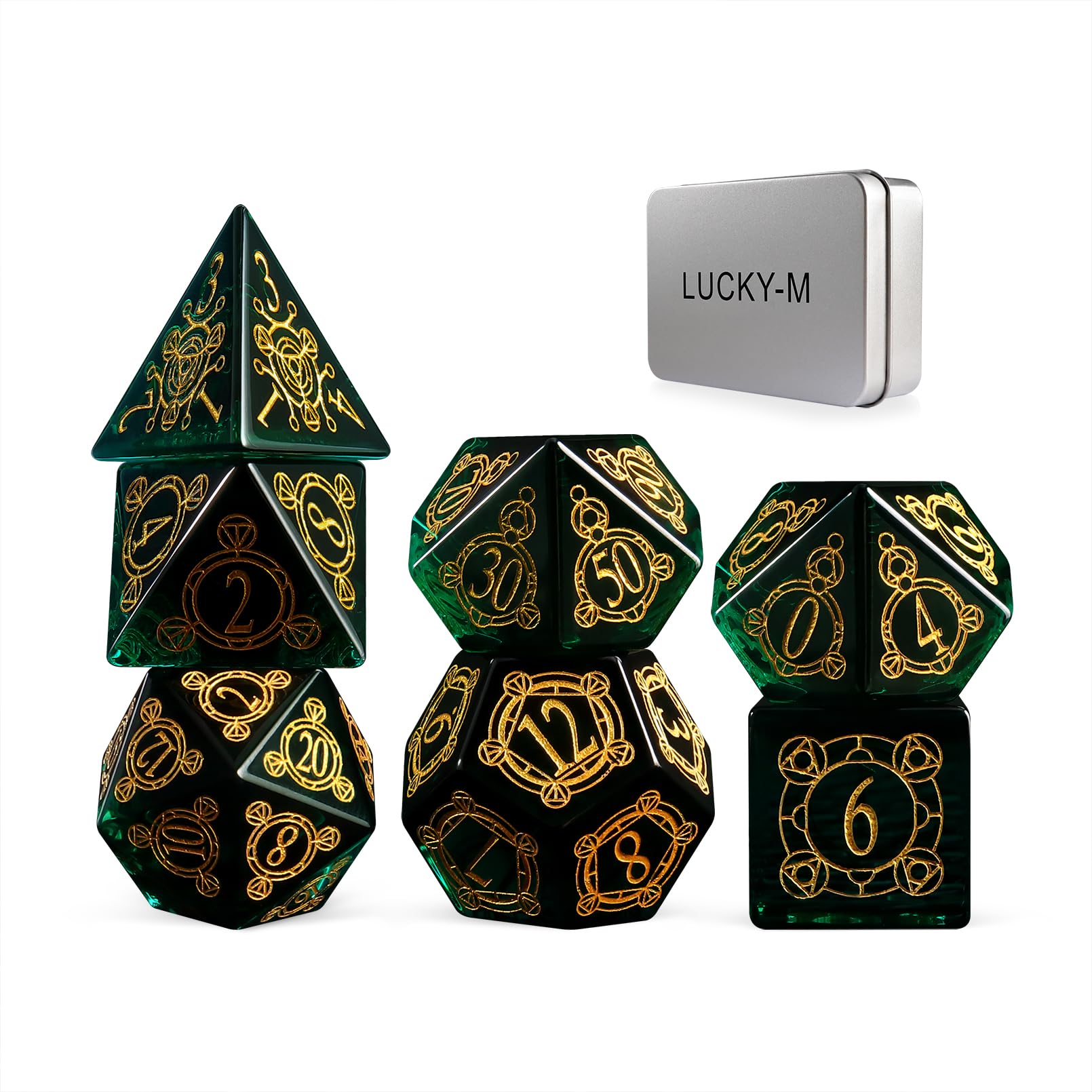 LUCKY-M Glass Dice DND Set, Polyhedral Crystal Glass Dice D&D for Dungeons and Dragons, with Case for RPG MTG Tabletop Games Men & Women Gift(PF-Green