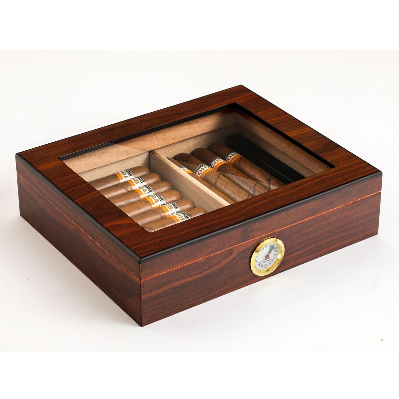 Humidificador de temperatura constante con termohigrómetro integrado, almacenamiento de doble partición, tragaluz de alta permeabilidad, bisagras de metal para una óptima conservación del cigarro