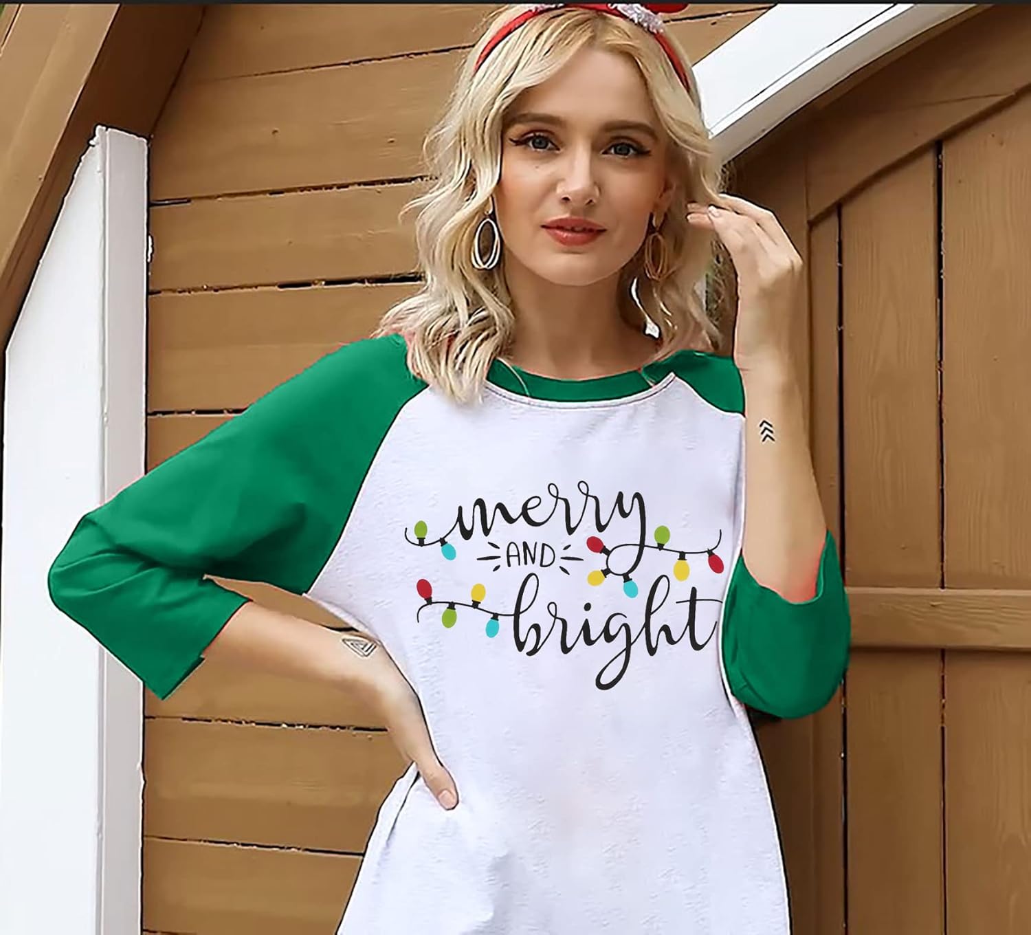 Christmas Tshirt Women Merry and Bright Shirt Letters Print Splicing 3/4 Sleeve Baseball Tshirt Blouse Tee Tops - Image 3