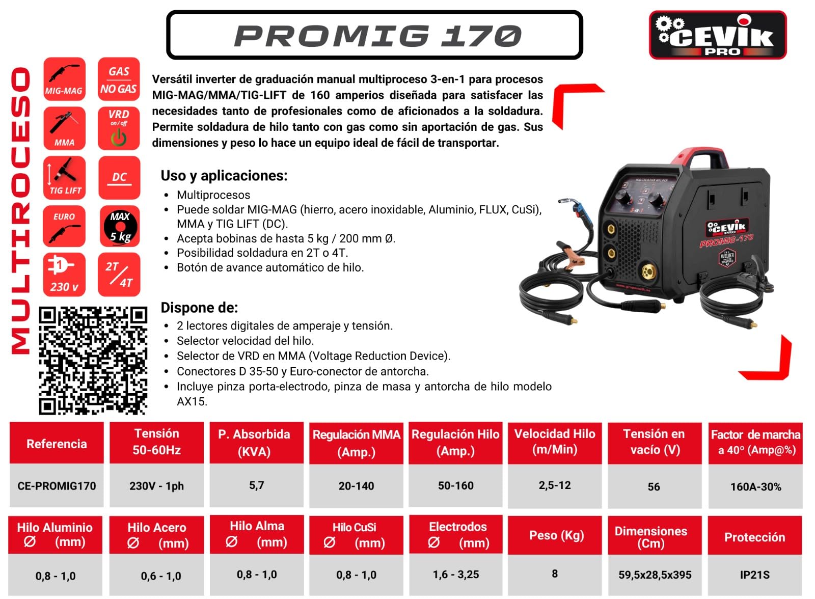 CEVIK PRO CE-PROMIG170 - Soldador Inverter FLUX/MIG/TIG/MMA - 160A 60% - 230V - Hilo hasta 1mm - Electrodos hasta 3.25mm - Display Digital - Incluye Antorcha MIG, pinza masa, portaelectrodo