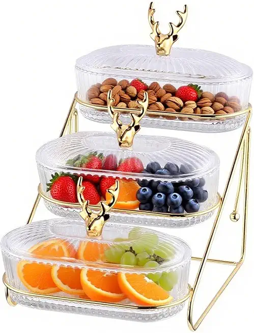 3-Tier Snack Stand with Lids, Elegant Fruit Tray & Dessert Server, Gold Iron Frame & Lead-Free Glass Bowls, Detachable for Easy Cleaning, for Party, Buffet, Home Decor